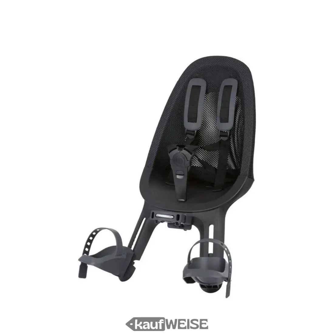 Schwarzer Front-Kindersitz für Fahrrad mit Fünf-Punkt-Gurt und verstellbaren Fußstützen