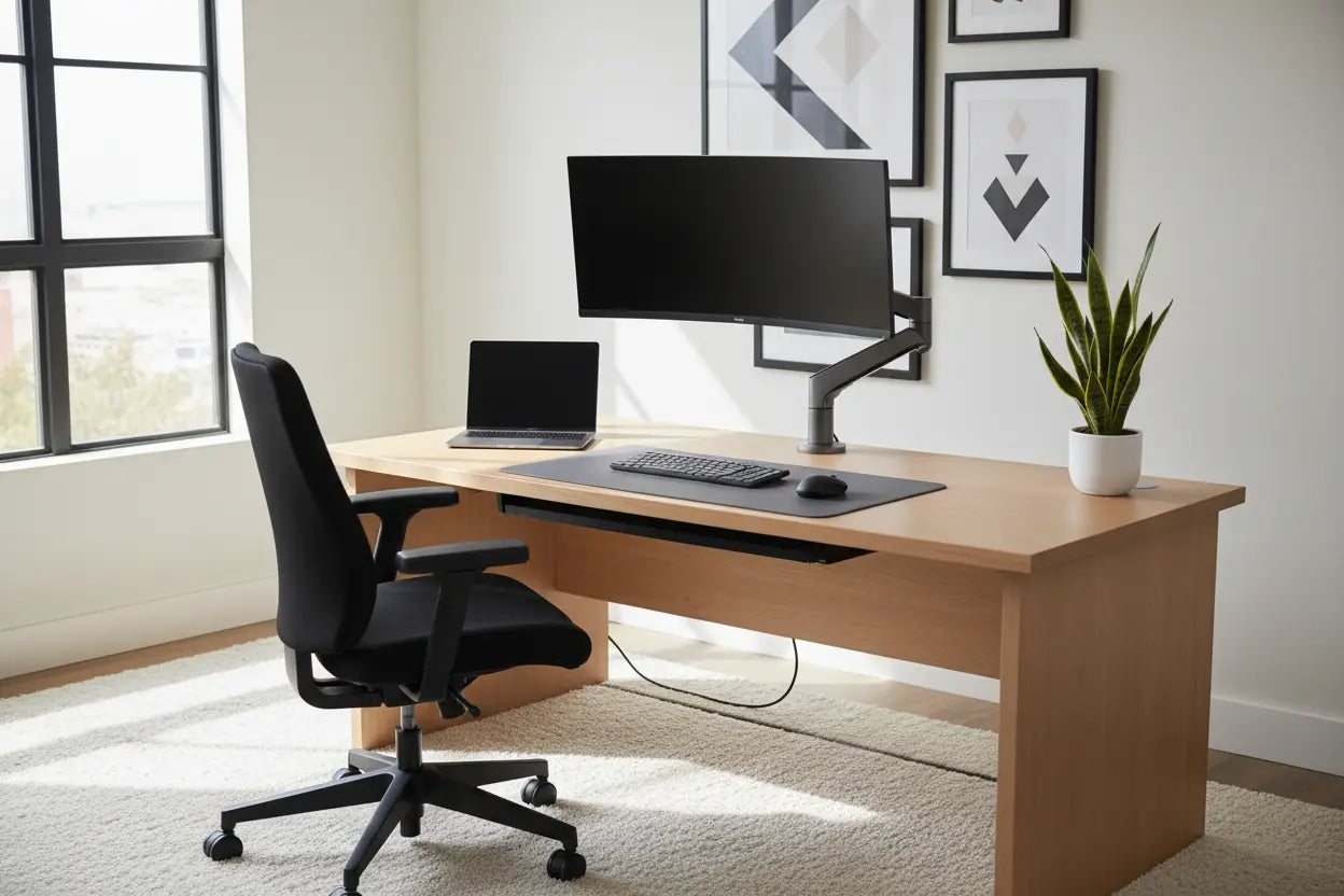 Helles Holzschreibtisch mit schwarzem Monitorarm, Laptop, Tastatur, Maus und Topfpflanze