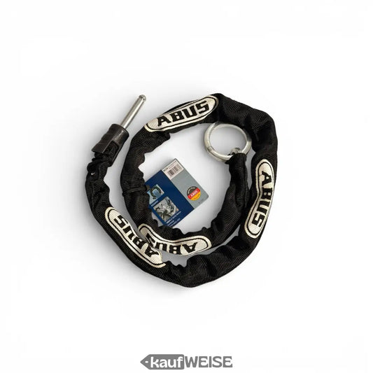 Schwarze Abus Kette mit Silberring und Pin, weißes Branding auf Stoff-Links, 100cm Adaptor für Rahmenschlösser