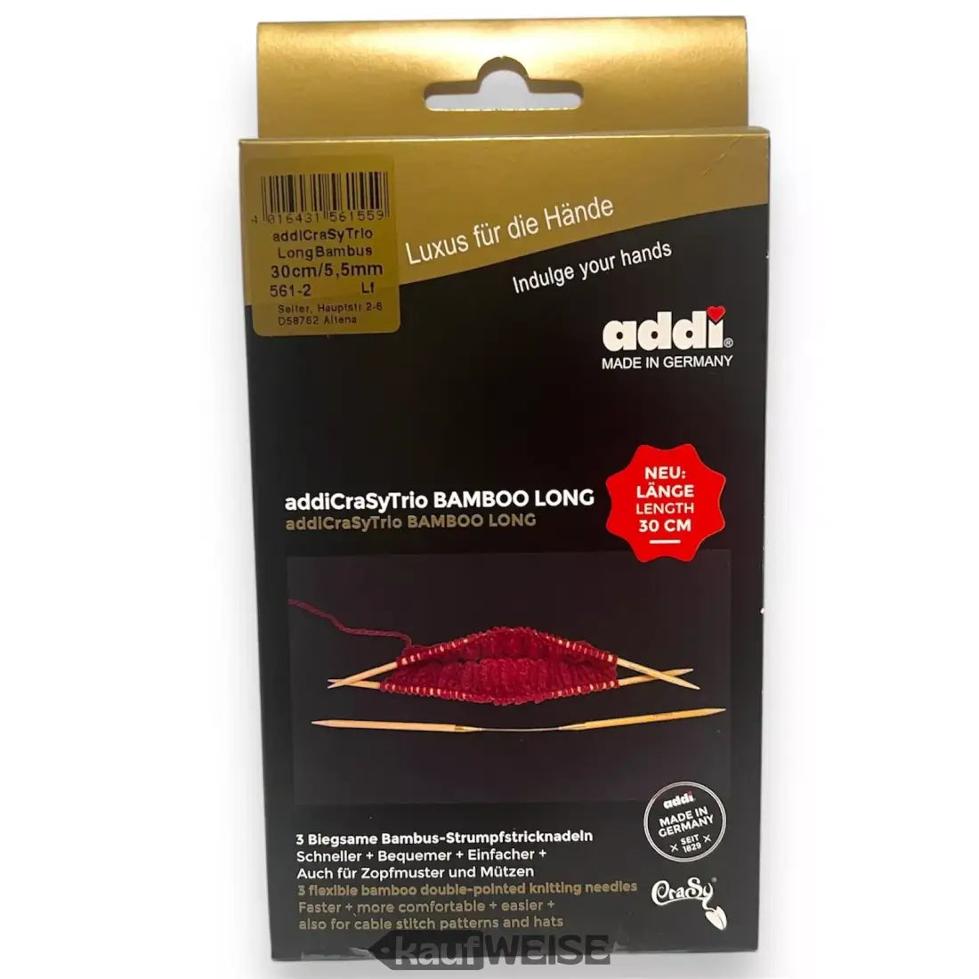 Packung mit AddiCrasyTrio Bambusstricknadeln für Socken im 3er Set