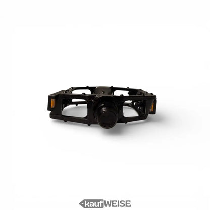 Schwarzes Metall Plattform-Pedal Set mit Mattfinish, orangenen Reflektoren und Anti-Rutsch Pins