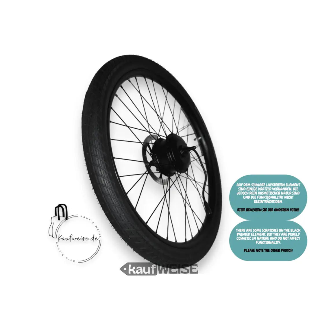 Schwarzes Fahrradrad mit Motor, VanMoof X3 Vorderrad 24 Zoll, originale Bremsscheibe