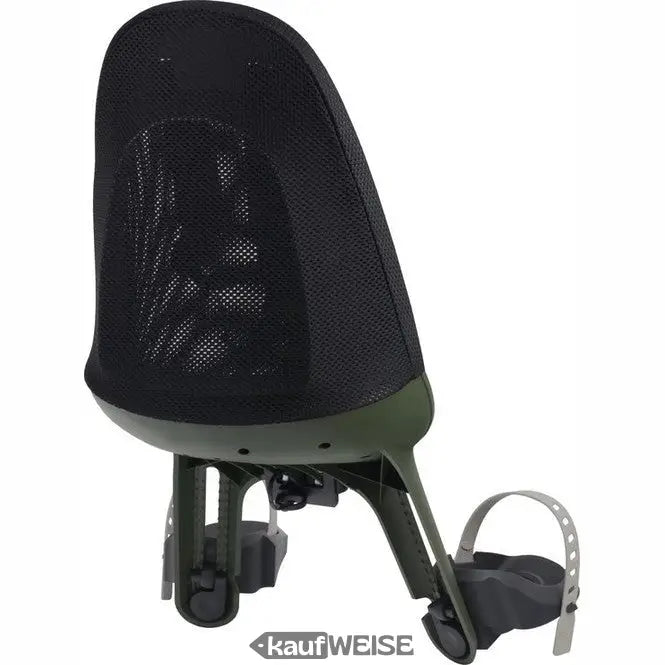 Schwarzer Mesh- und olivgrüner Kindersitz für Fahrrad mit Fußstützen, zertifiziert