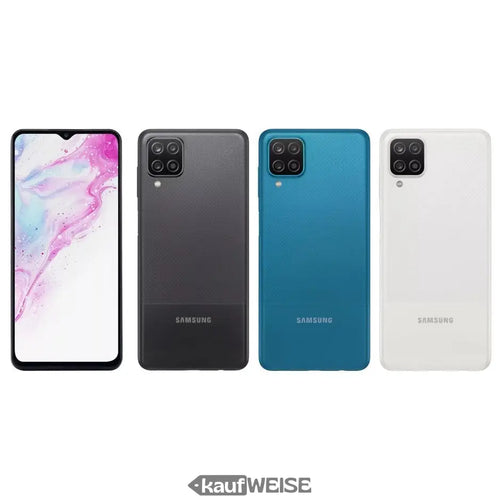Samsung Galaxy A12 in verschiedenen Farben, Vorder- und Rückansicht