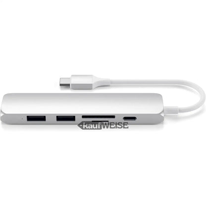 Silberner Satechi V2 Slim USB-C Multiport Adapter mit mehreren Anschlüssen und weißem Kabel