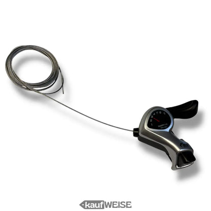 Silberner und schwarzer Shimano Tourney SL-TX50-7R Daumenschalthebel, 7-Gang rechts mit Ganganzeige und 2400mm Kabel