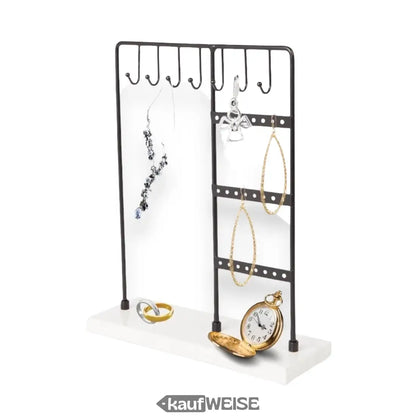 Schwarz Metall Schmuckständer mit weißer Marmorplatte für Ketten und Ohrringe